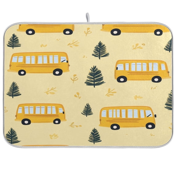 Yellow Kindergarten School Bus PatternKitchen Drying Mat Heat Resistant Drainage with Non-Slip Rubber Backing Hides Stains Super Absorbent Easy to Clean 18×24in