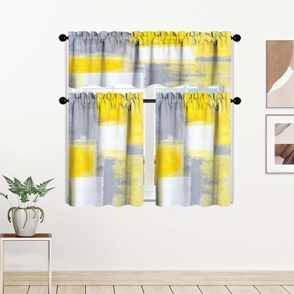 Yellow Kitchen Curtain Valance and Tiers, 3Pcs Abstract Art Valance Set Grey Rod Pocket Curtain for Kitchen Window Modern Unique Patterns