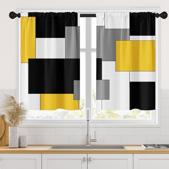 Yellow Kitchen Curtains 36 Inch Length Black Grey White Window Curtains Over Sink Set of 2, Abstract Geometric Short Tier Curtain for Kitchen, Modern Art Small Kitchen Decor 26x36 Inch