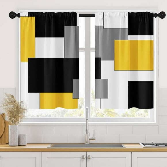 Yellow Kitchen Curtains 36 Inch Length Black Grey White Window Short Tier Curtains Over Sink Set of 2, Abstract Geometric Modern Art Small Kitchen Decor 26x36 Inch
