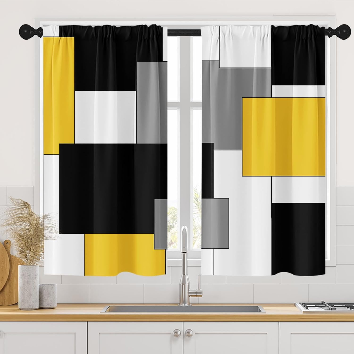 Yellow Kitchen Curtains 45 Inch Length Black Grey White Window Short ...