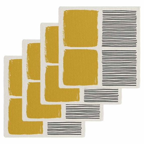 Yellow Kitchen Dish Towels for Drying Dishes Set of 4, Modern Painting Farmhouse Striped Abstract Art Waffle Weave Microfiber Hand Tea Bathroom Towels Quick Dry & Absorbent Towel 12x12