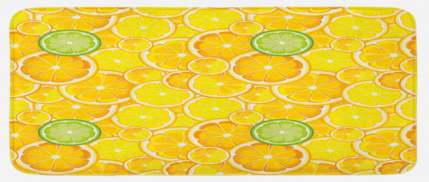 Yellow Kitchen Mat, Lemon Orange Lime Fruit Citrus Round Cut Circles ...