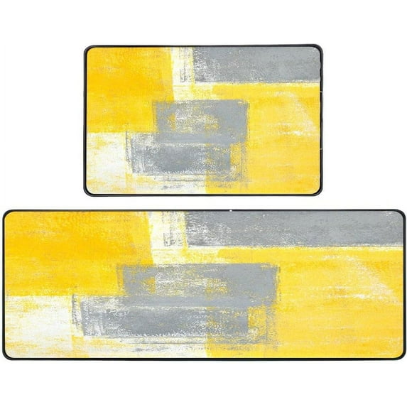 Yellow Kitchen Mat Non Skid Washable Kitchen Rug Runner Grey and Yellow Abstract Art Painting Kitchen Sink Rug 2 Piece Floor Mats for Home Kitchen 18"X48"+18"X30"