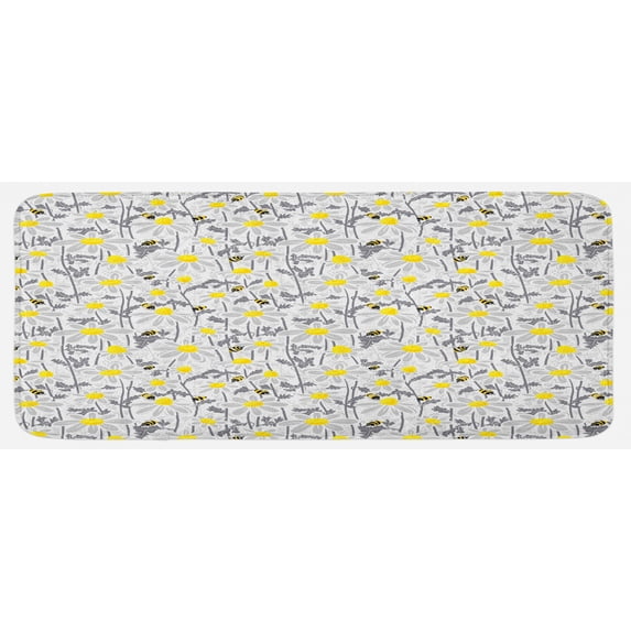 Yellow Kitchen Mat, Pattern with Bees and Chamomile Daisy Flowers in Flourishing Meadow Nature, Plush Decorative Kitchen Mat with Non Slip Backing, 47" X 19", Grey Yellow White, by Ambesonne