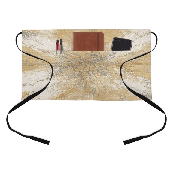 Yellow Kitchen Restaurant Half Waist Apron, Abstract Yellow Sunburst Vignette Splatter Style Industrial Server Short Apron with 3 Pockets Waterproof Oil Waist Aprons for Women Waitress Waiter