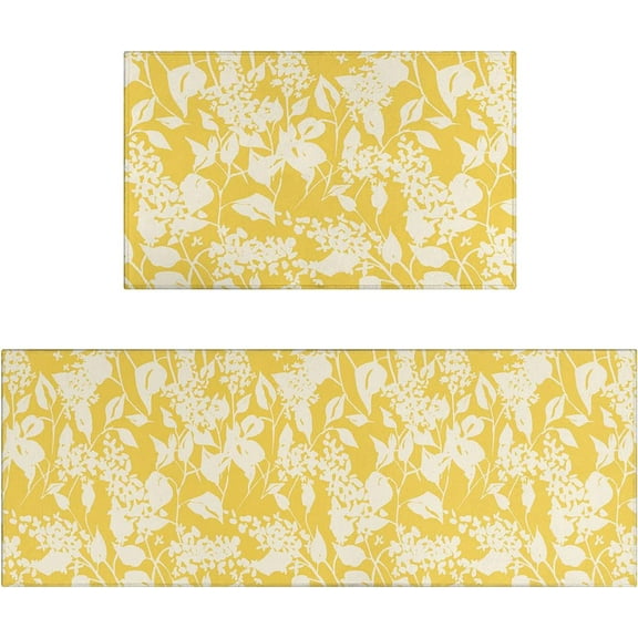 Yellow Kitchen Rug Mat Set of 2 Spring Flowers Floral Kitchen Rugs Washable Kitchen Floor Mats Non-Slip Yellow Kitchen Decor