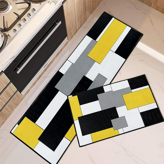 Yellow Kitchen Rugs and Mats Non Skid Washable Set of 2, Black Grey Geometric Kitchen Mats for Floor, Modern Abstract Minimalist Checkered Kitchen Runner Rug Home Decor