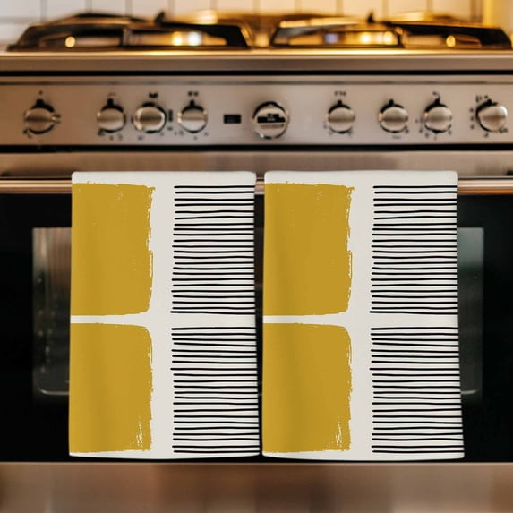 Yellow Kitchen Towels Set of 4, Modern Painting Farmhouse Striped Abstract Art Absorbent Dish Towels for Kitchen, Microfiber Hand Towel, Quick Drying Tea Towel for Cleaning Decorative Dishcloths