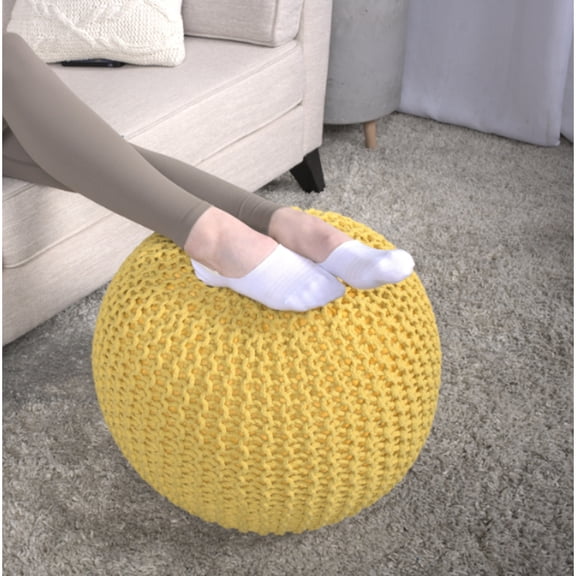Yellow Knitted Cotton Round Pouf, - & Floor Glamorous, 200 Lb Weight Limit, Decorative Ornament, Spot Clean Only, Beads Filled, 20 In X 12 Comfort, Lbs Capacity, Addition, 20"