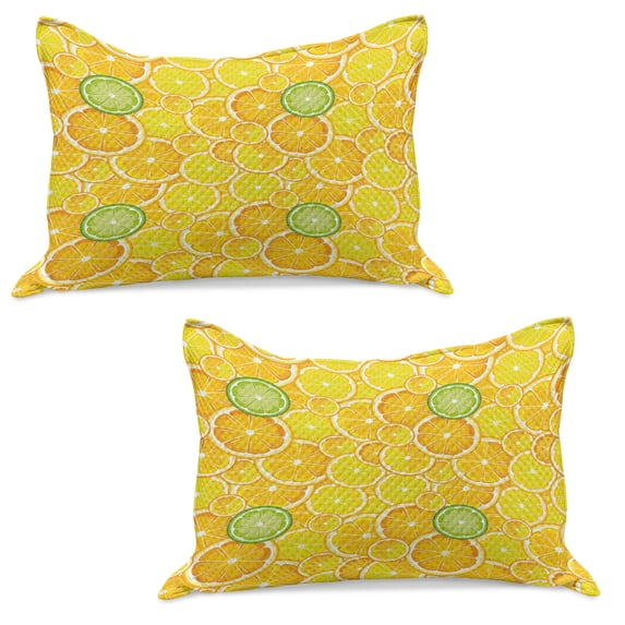 Yellow Knitted Quilt Pillowcover Set of 2, Lemon Orange Lime Fruit Citrus Round Cut Circles Big and Small Pattern, Standard Queen Pillow Sham Bedroom, 30" x 20", Yellow White and Green, by Ambesonne