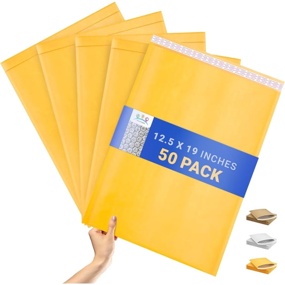 Kraft Bubble Mailer, Yellow Tear Resistant Padded Envelopes, 50 pack, 12.5 x 19 in