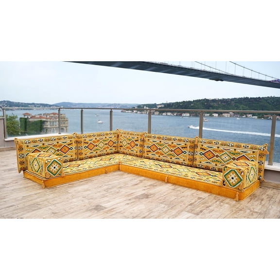 Yellow L Shaped Convertible Sofa, Floor Pillows, Turkish Seating Sofa, Arabic Majlis, Floor Cushion Seating, Sleeper Sofa Cushion