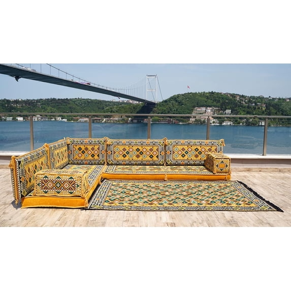 Yellow L Shaped Sofa Sets for Living Room, Arabic Floor Sofa Set, Terrace Sofa, Moroccan Sofas, Turkish Sofa, Couch Bed, Convertible Sofa