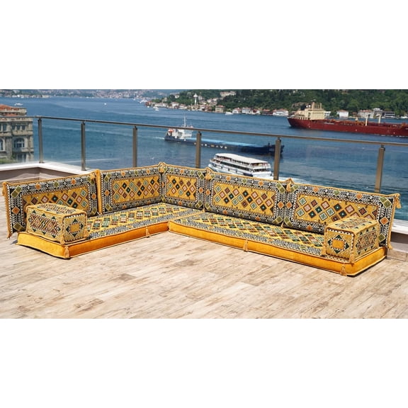 Yellow L Shaped Sofa Sets for Living Room, Arabic Floor Sofa Set, Terrace Sofa, Moroccan Sofas, Turkish Sofa, Couch Bed, Convertible Sofa