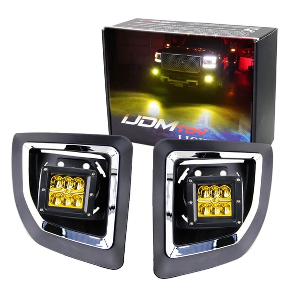 Yellow LED Pod Light Fog Lamps For 2015-19 GMC Sierra 2500 3500 HD, Includes 24W Yellow Lens LED Cubes, Foglight Bezel Covers, Fog Location Mounting Brackets & Switch Wiring