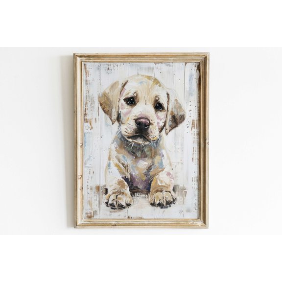 Yellow Lab Art Labrador Puppy Portrait Rustic Dog Decor, Unframed Canvas 12x16in
