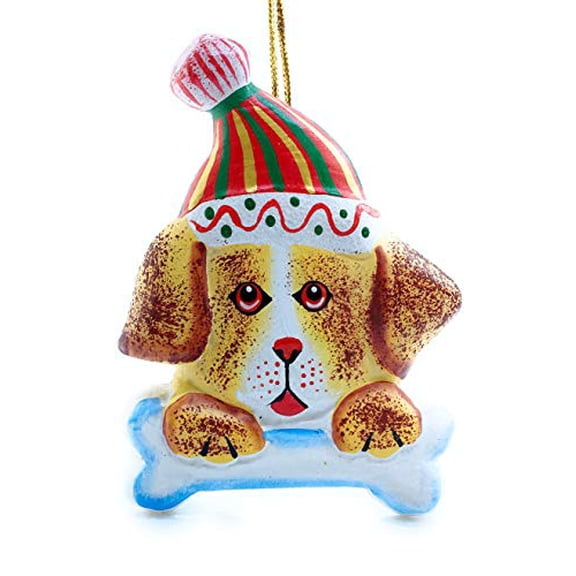 Yellow Lab Dog with Bone Christmas Tree Ornament - Hand Carved from Bali