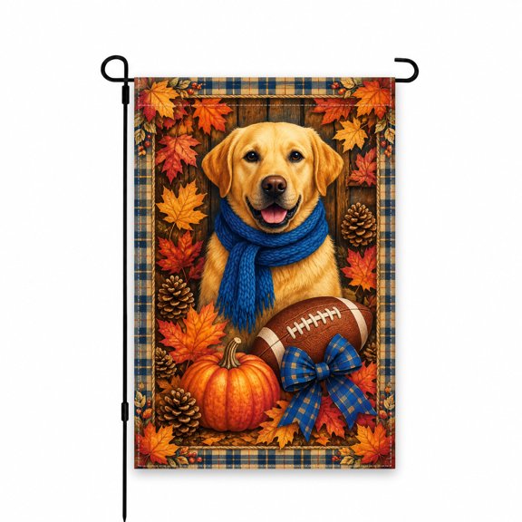 Yellow Lab Fall Garden Flag with Pumpkin, Football & Autumn Leaves Design, Blue Scarf & Plaid Border, 12 x 18 Inch Outdoor Yard Decor