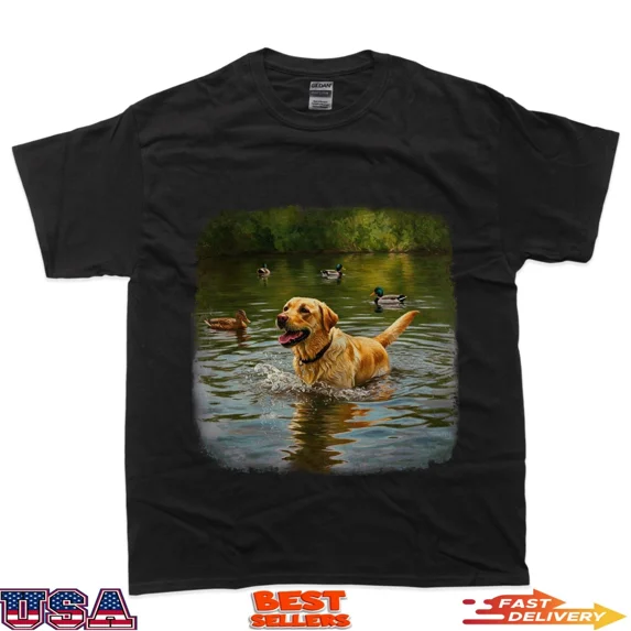 Yellow Labrador Dog Nature Lake Painterly Serene Design T-Shirt
