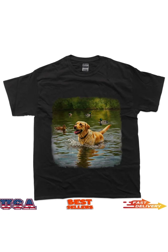 Yellow Labrador Dog Nature Lake Painterly Serene Design T-Shirt