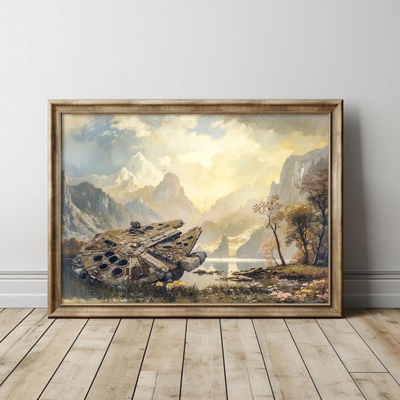 Yellow Labrador Field Art Poster Colorful Dog Happy Lab in Wildflowers Wall Decor Spaceship in Swamp Wildflower Landscape Scifi Fan Wall Art Home Decor, UNFRAMED Size 16x16