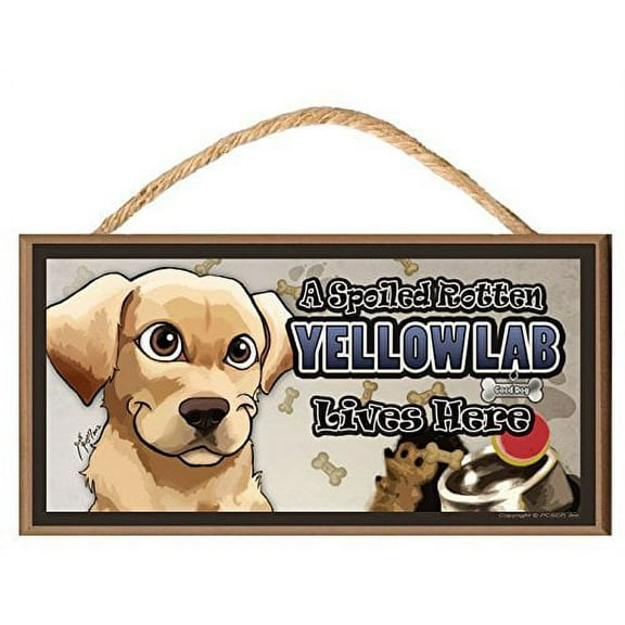 Yellow Labrador Retriever (Yellow Lab) Dog Sign (Spoiled Rotten with Cartoon Dog, 10 inches x 5 inches)