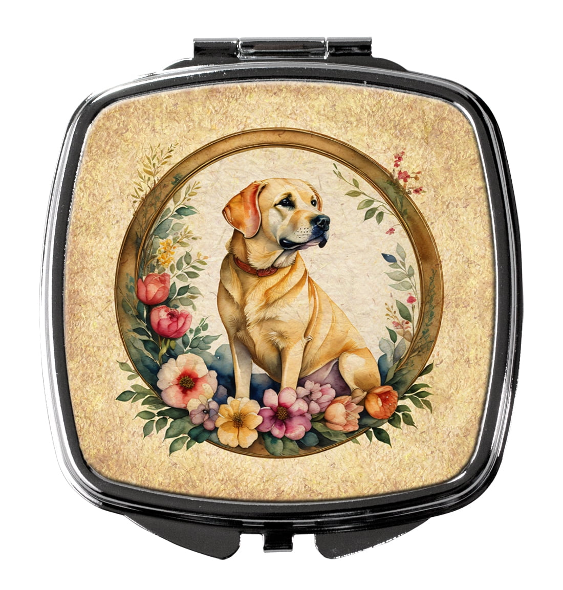 Yellow Labrador Retriever and Flowers Compact Mirror 2.75 in x 3 in