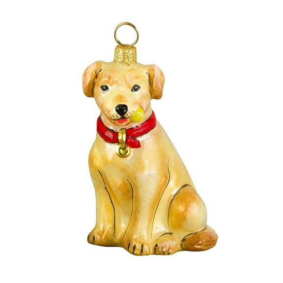 Yellow Labrador Retriever with Tennis Ball Polish Blown Glass Christmas Ornament