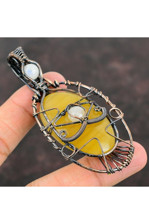 Evil Eye Yellow Lace Agate Pendant Copper Wire Wrapped Pendant Moonstone Gemstone Copper Jewelry Handmade Pendant Evil Eye Jewelry For Women