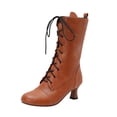 thumbnail image 1 of Yellow Lace-Up Round Toe Mid-Calf Boots With Flat Style For Women Winter Outings Pu Leather Comfortable And Lightweight, 1 of 6