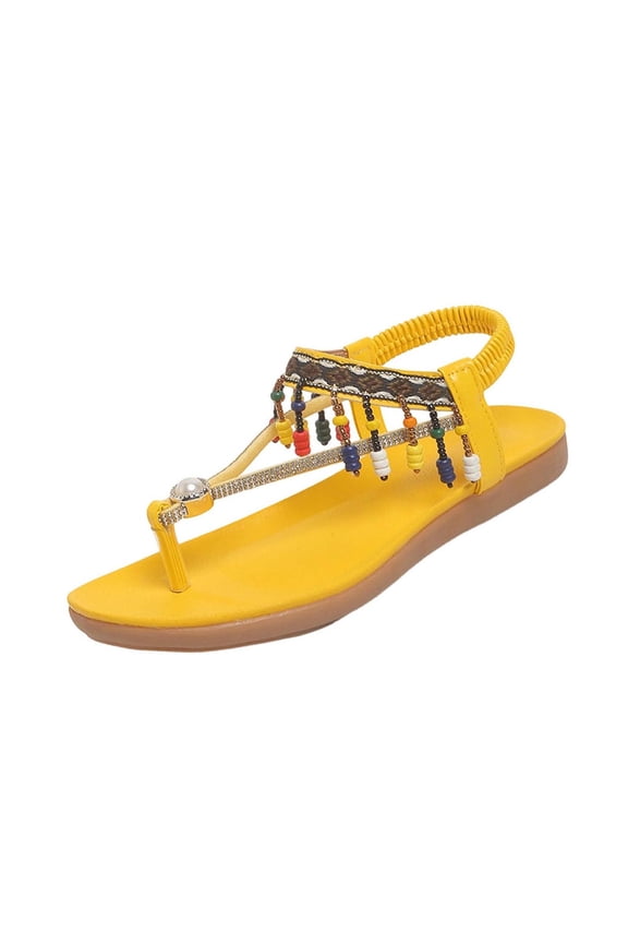 Yellow Ladies Elastic Band Beaded Slides With Flat Sole Sunny Color Round Toe Bohemian Fashion