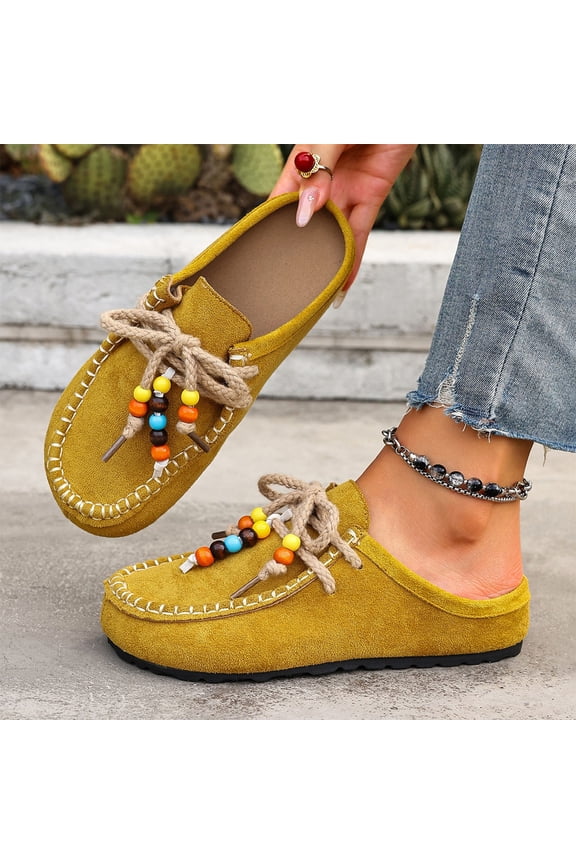 Yellow Ladies Flat Shoes Beaded Laced Soft Flock Moccasin Stitching Ethnic Inspired Slip On Versatile Casual Light Daily Wear Size 37