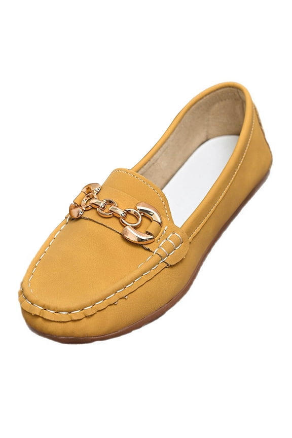 Yellow Ladies Round Toe Flat Shoes With Sandblasted Detail French Design And Soft Sole For A Stylish Secure Fit