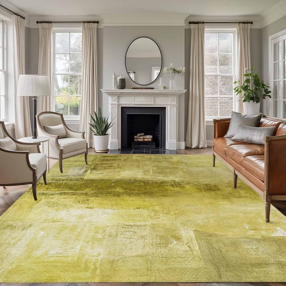 Yellow Large Area Rug 8x10 FT, Non Slip Living Room Throw Carpet, Retro Oil Painting Modern Abstract Art Aesthetics Washable Soft Indoor Outdoor Carpet Non-Shedding Rug for Bedroom Dining Room