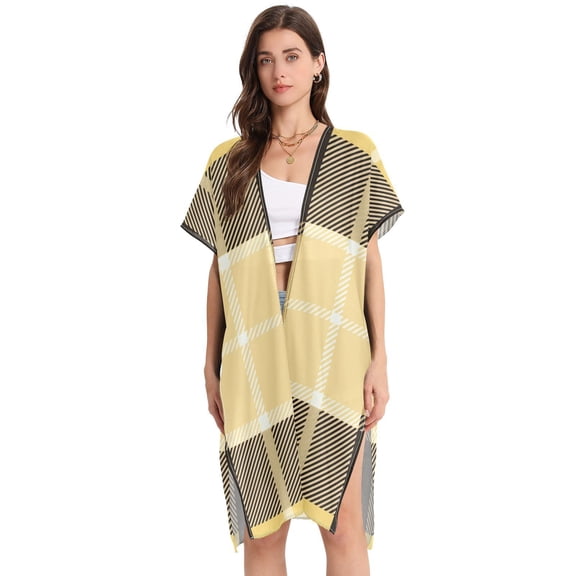 Yellow Lattice Women Swimsuit Cover up V Neck Beach Dress Short Sleeve Vacation Outfits Swimwear