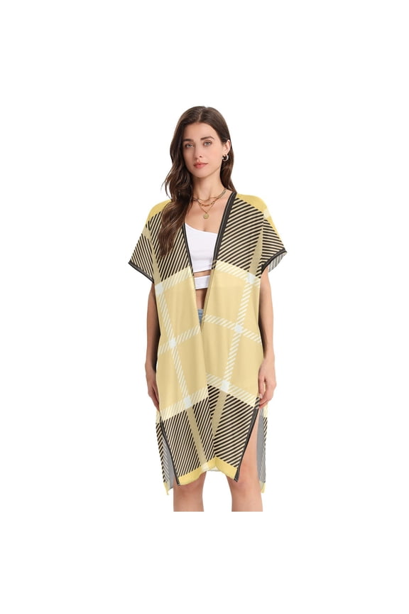 Yellow Lattice Women Swimsuit Cover up V Neck Beach Dress Short Sleeve Vacation Outfits Swimwear