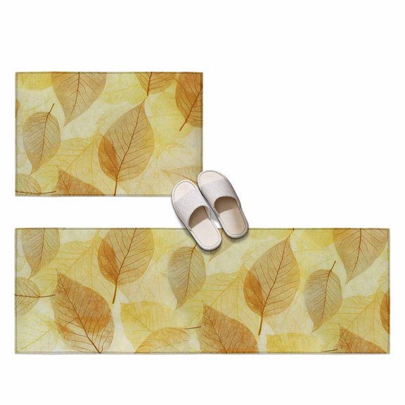 Yellow Leaf 2 Pieces Non-Slip Kitchen Mat Set, Abstract Modern Amber Leaf Veins Fall Foliage Soft Door Mat with Rubber Backing, Dirtproof Rugs for Entrance Doorway, 23.6x35.4in+23.6x70.9in