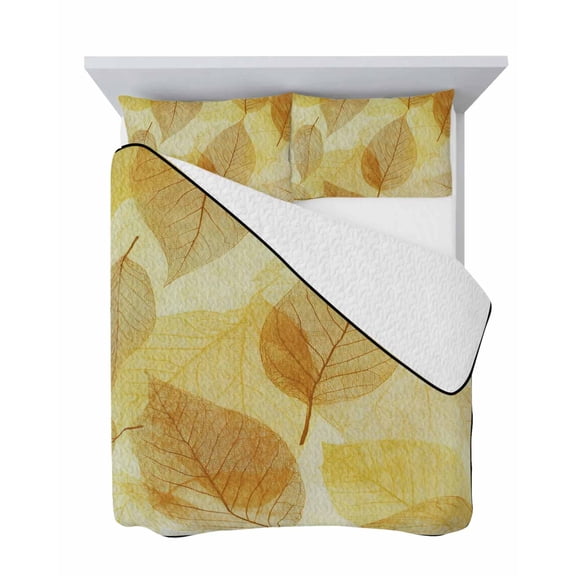 Yellow Leaf 3 Piece Quilt Set Full Size, Abstract Modern Amber Leaf Veins Fall Foliage Soft Bedspread Coverlet Bedding Set Microfiber Lightweight Comforter Set with 2 Pillowcases for Bedroom