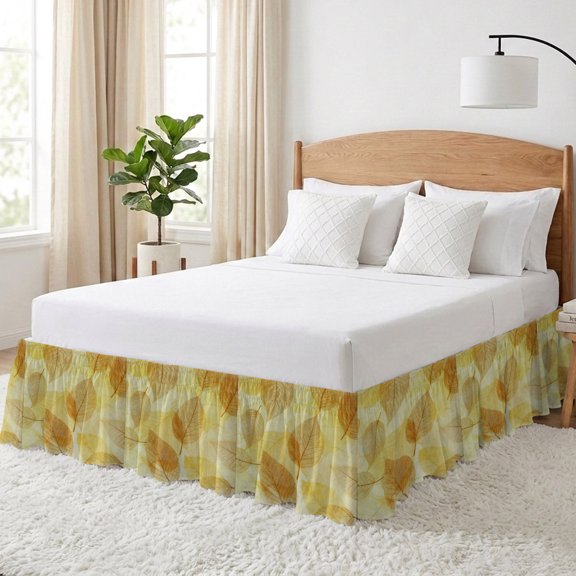 Yellow Leaf Bed Skirt King Size 18 Inch Drop, Abstract Modern Amber Leaf Veins Fall Foliage Adjustable Elastic Dust Ruffles Bedskirt for King Bed Wrap Around Pleated Mattress Frame Cover