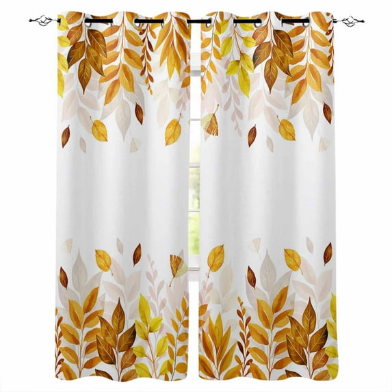 Yellow Leaf Blackout Curtains for Bedroom Living Room Darkening Curtains 54 Inch Long Fall Plant Country Vintage Watercolor White Short Curtain for Small Window Treatment Grommet Drapes 42"x54"x2