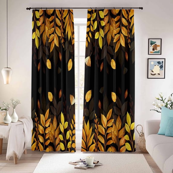 Yellow Leaf Blackout Curtains for Bedroom/Living Room, Pinch Pleated Black Out Curtains, Fall Plant Country Vintage Watercolor Black Room Darkening Window Drapes with Hooks 2 Panels, 59"x70"