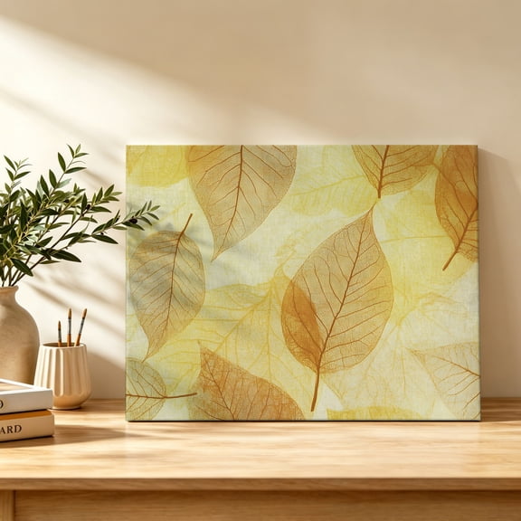 Yellow Leaf Canvas Wall Art, Abstract Modern Amber Leaf Veins Fall Foliage Wall Art Prints Artwork Framed Canvas Ready to Hang Art Pictures for Bathroom, Dressing Table, Entryway 12" x 8"