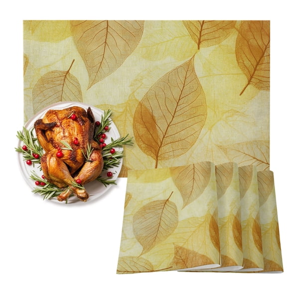 Yellow Leaf Cotton Linen Placemats Set of 1, Abstract Modern Amber Leaf Veins Fall Foliage Washable Table Place Mats Heat Insulating Placemat for Dining Room Kitchen Daily Use 13 x 19 Inch