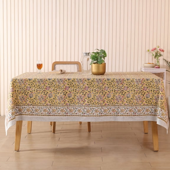 Yellow Leaf Khadi Sanganeri Block Print Cotton Tablecloth, Handcrafted Indian Table Cover – Boho Floral Handblock Print Dining Table Linen (60x90 Inches)