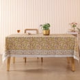 thumbnail image 1 of Yellow Leaf Khadi Sanganeri Block Print Cotton Tablecloth, Handcrafted Indian Table Cover – Boho Floral Handblock Print Dining Table Linen (72x108 Inches), 1 of 5