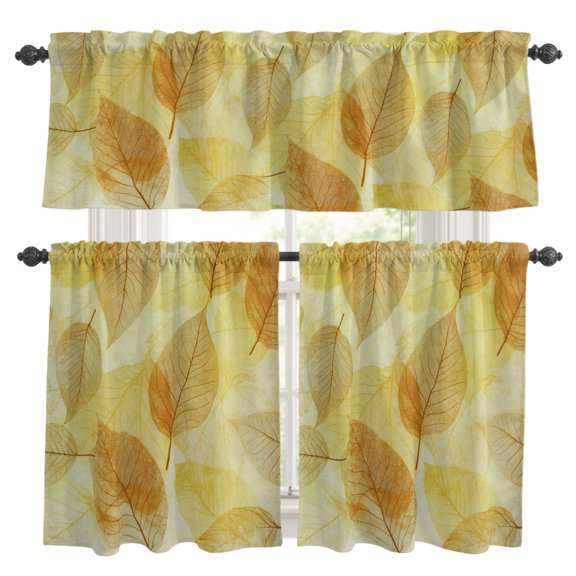 Yellow Leaf Kitchen Curtains Valances 3 Piece Set, Abstract Modern Amber Leaf Veins Fall Foliage Rod Pocket Tier Curtain and Valance Drapes for Small Window 36 Inch Length for Bedroom Cafe