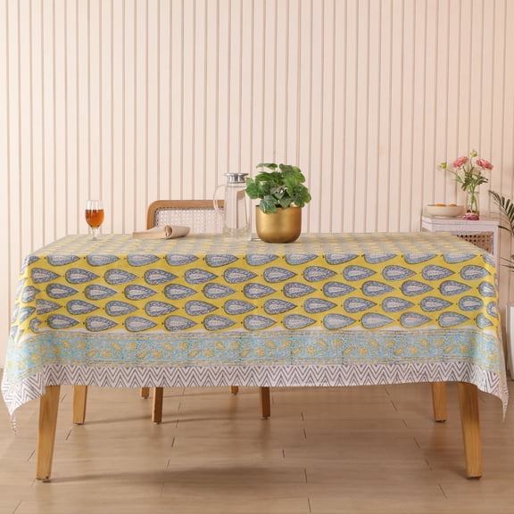 Yellow Leaf Motif Sanganeri Handblock Print Cotton Tablecloth, Cotton Indian Table Cover, Floral Dining Table Linen, (72x108 Inches)