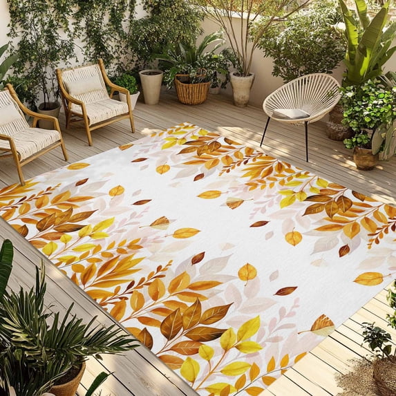 Yellow Leaf Outdoor Rug 4x6 Ft - Reversible Patio Rug Outdoor Camping Rugs, Fall Plant Country Vintage Watercolor White Indoor Outdoor Area Rugs, Non-Slip Outdoor Carpet Runner for Deck/Porch