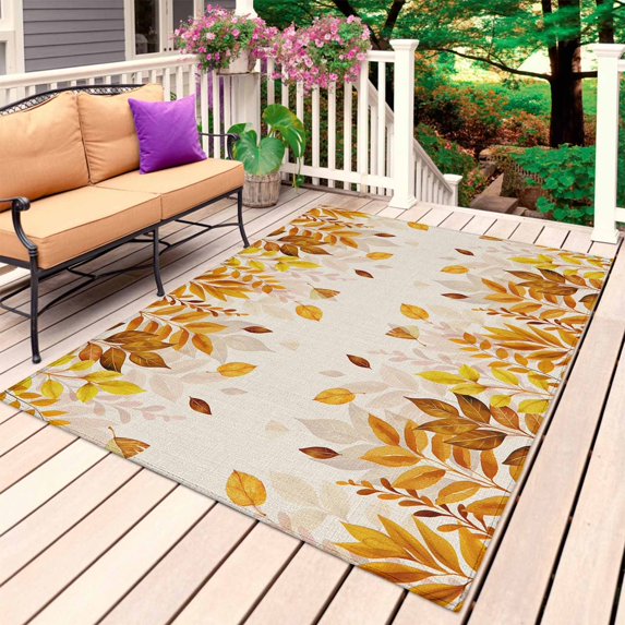 Yellow Leaf Outdoor Rug for Patio/Deck/Porch, Non-Slip Large Area Rug 5 x 7 Ft, Fall Plant Country Vintage Watercolor Beige Indoor Outdoor Rugs Washable Area Rugs, Camping Rug Carpet Runner